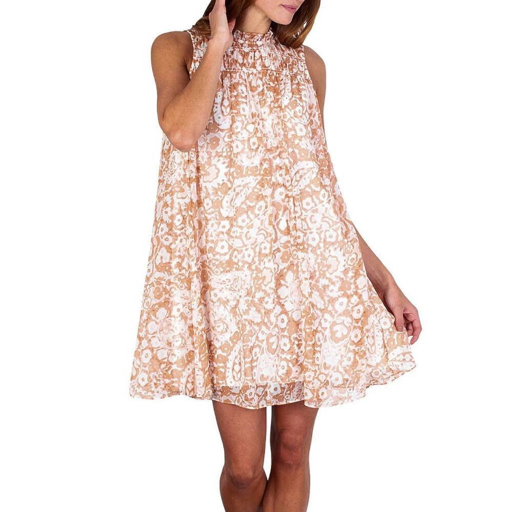 Joie Brush Clay Sleeveless Printed High Neck Chiffon Mini Shift Dress Size S